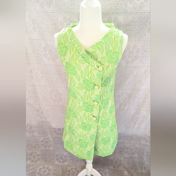 60s 70s Lime Green Flower Power Mod Retro GoGo Union Label Mini Dress Costume - Picture 2 of 10